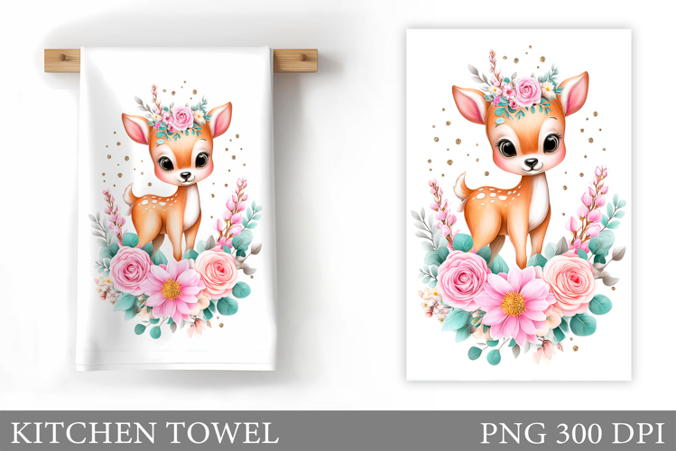 Cute Deer Kitchen Towel. Deer Flowers Kitchen Towel Design