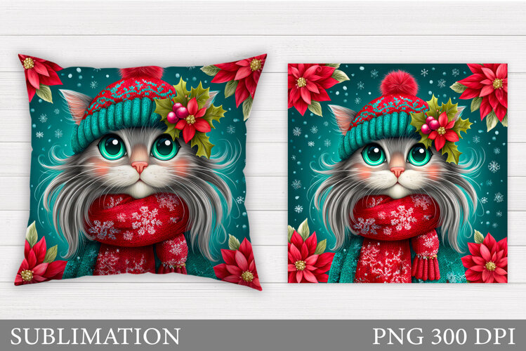 Christmas Cat Pillow Design. Christmas Pillow Sublimation example image 1