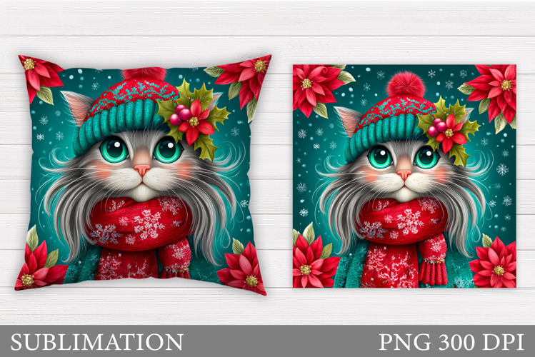 Christmas Cat Pillow Design. Christmas Pillow Sublimation