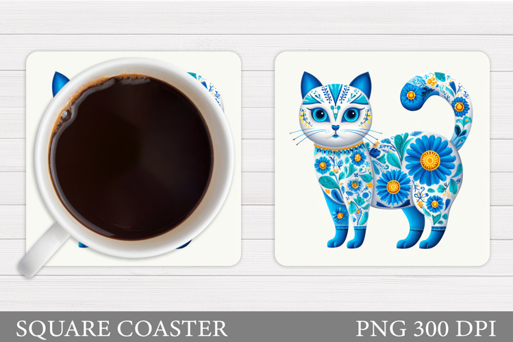 Floral Cat Coaster Design. Cute Cat Sublimation