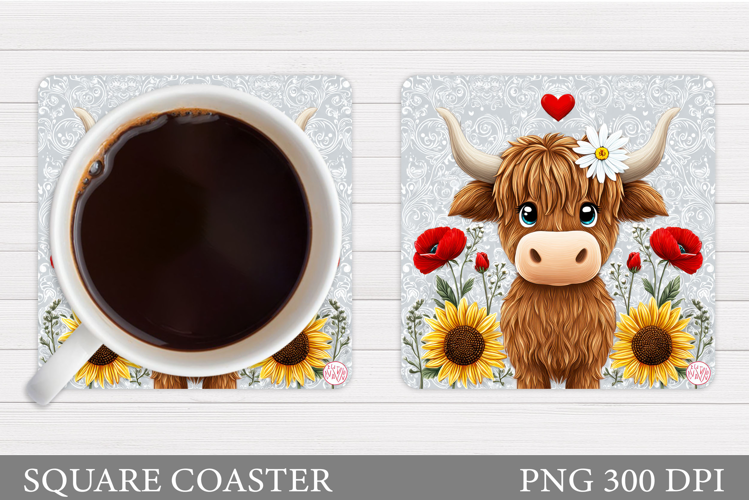 Highland Coaster Sublimation. Cow Flowers Coaster Design