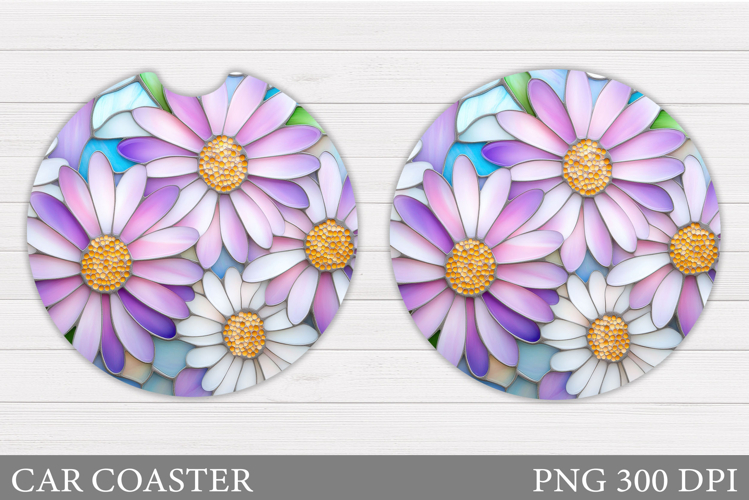 Daisy Flowers Car Coaster Sublimation. Floral Coaster Design