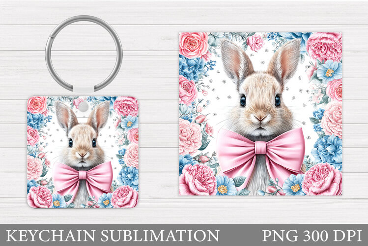 Cute Bunny Keychain. Bunny Flowers Keychain Sublimation example image 1