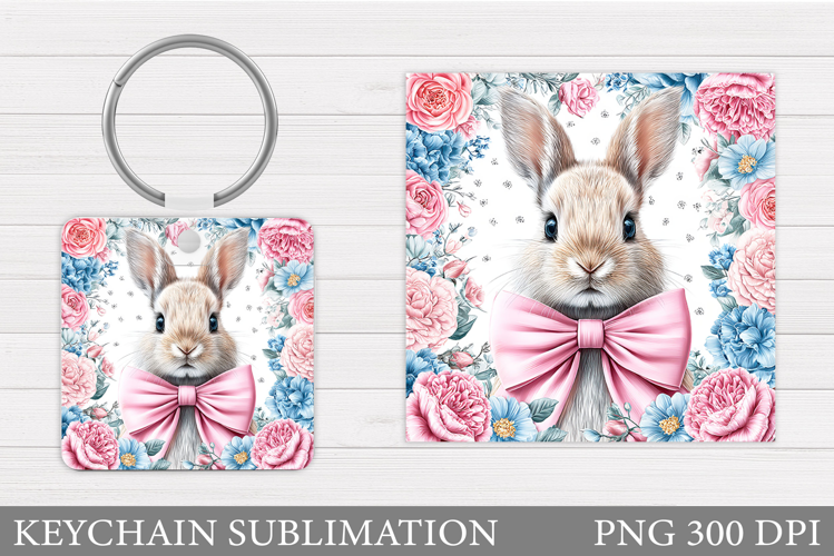 Cute Bunny Keychain. Bunny Flowers Keychain Sublimation
