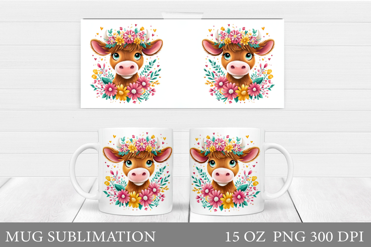 Cute Cow Mug Sublimation. Cow Flowers Mug Wrap Design