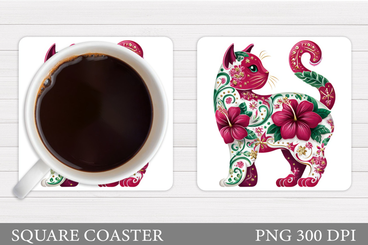 Floral Cat Coaster Design. Cute Cat Sublimation