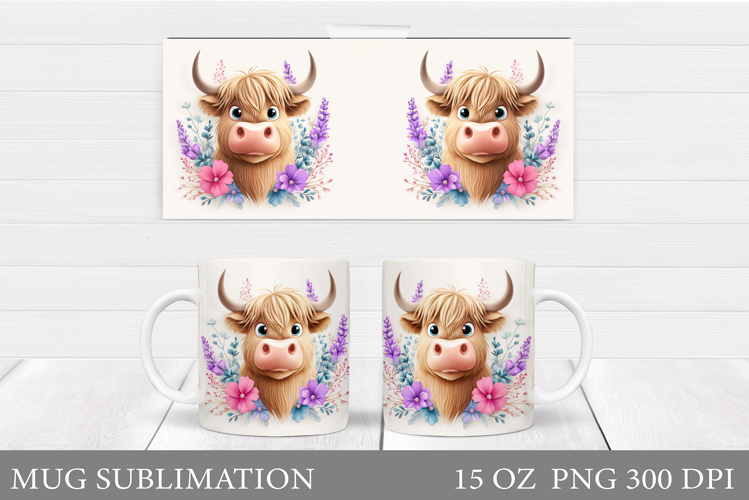 Cute Cow Mug Sublimation. Cow Flowers Mug Wrap Design