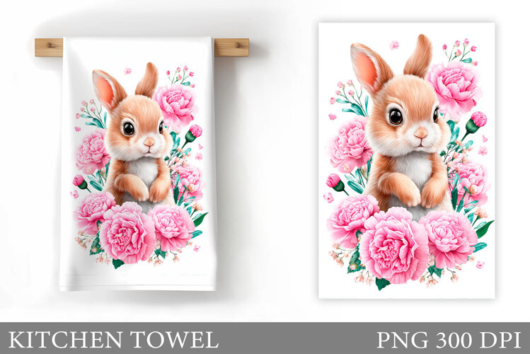 Cute Bunny Kitchen Towel. Bunny Flowers Kitchen Towel Design example image 1