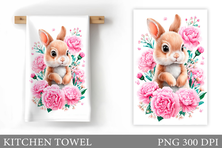 Cute Bunny Kitchen Towel. Bunny Flowers Kitchen Towel Design