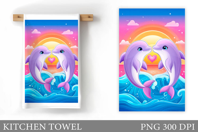 Dolphins Kitchen Towel Sublimation. Sea Kitchen Towel Design example image 1