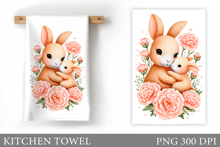 Cute Bunny Kitchen Towel. Bunny Flowers Kitchen Towel Design