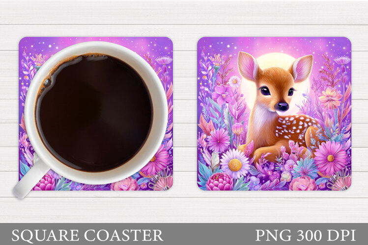 Cute Deer Coaster Sublimation. Deer Flowers Coaster Design example image 1