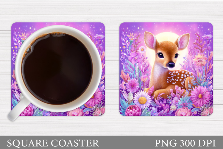 Cute Deer Coaster Sublimation. Deer Flowers Coaster Design