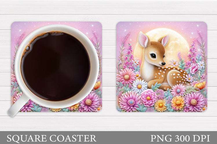 Cute Deer Coaster Sublimation. Deer Flowers Coaster Design
