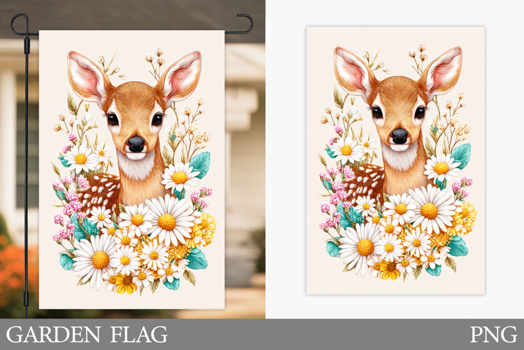 Cute Deer Garden Flag Design. Deer Flowers Garden Flag