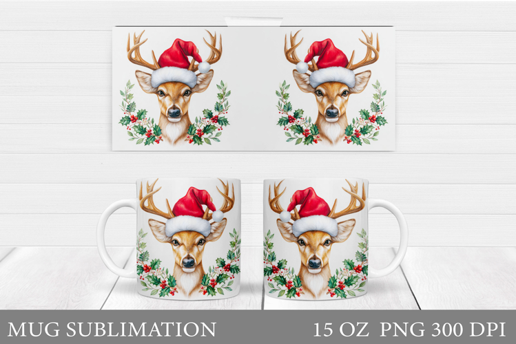 Reindeer Mug Wrap Design. Christmas Mug Sublimation