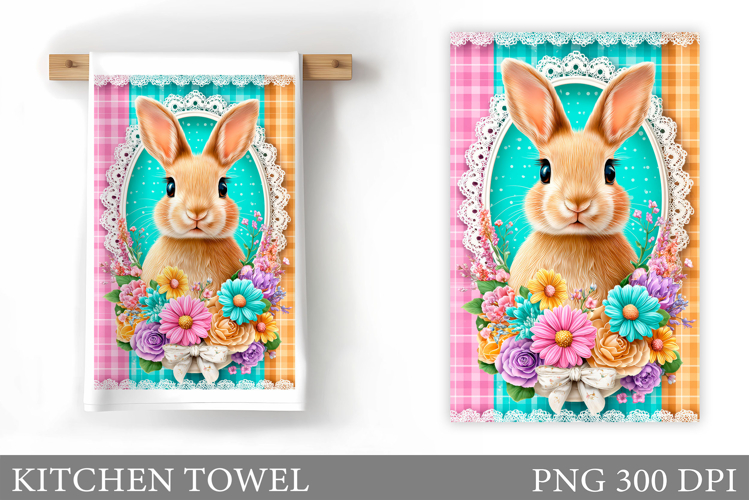 Cute Bunny Kitchen Towel. Bunny Flowers Kitchen Towel Design