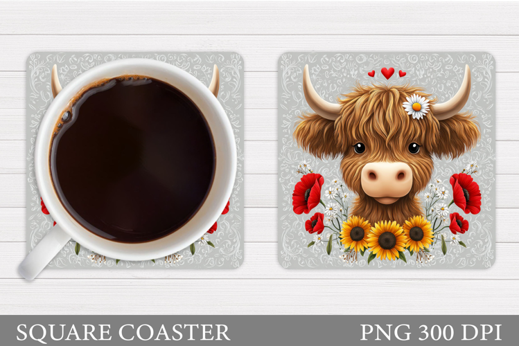 Highland Coaster Sublimation. Cow Flowers Coaster Design