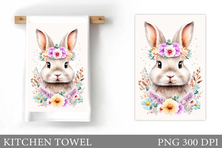 Cute Bunny Kitchen Towel. Bunny Flowers Kitchen Towel Design