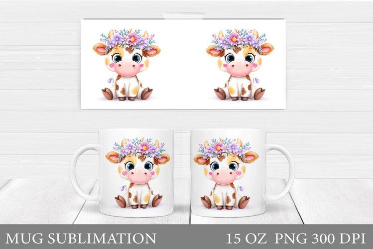 Cute Cow Mug Wrap Design. Cow Flowers Mug Sublimation