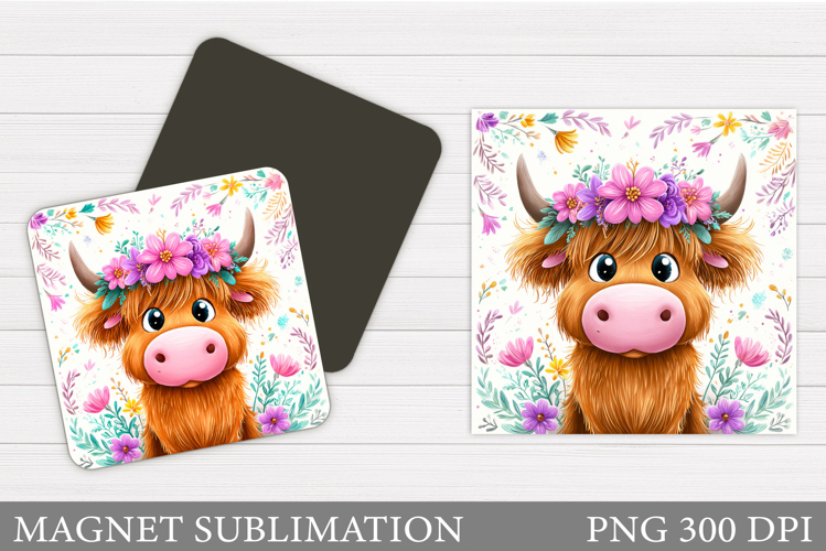 Highland Cow Magnet Design. Cow Flowers Magnet Sublimation
