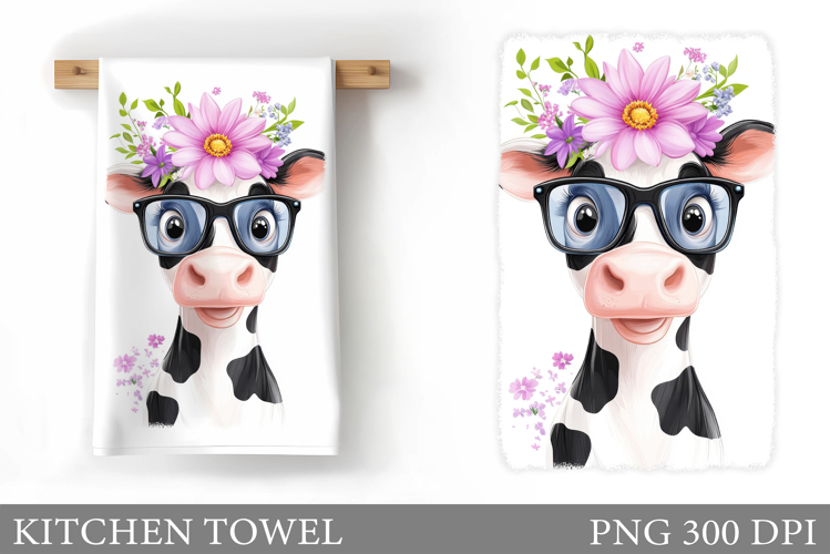 Cute Cow Kitchen Towel. Cow Flowers Kitchen Towel Design