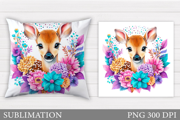 Cute Deer Pillow Sublimation. Deer Flowers Sublimation