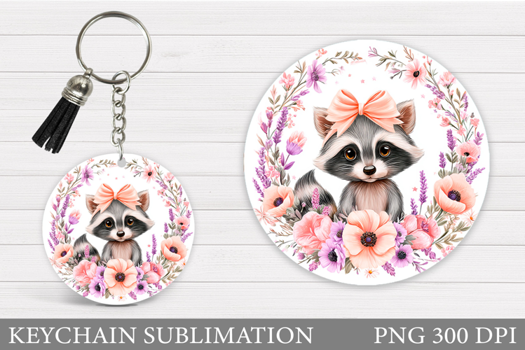 Cute Raccoon Keychain Design. Raccoon Flowers Keychain