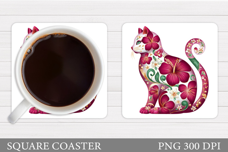 Floral Cat Coaster Design. Cute Cat Sublimation