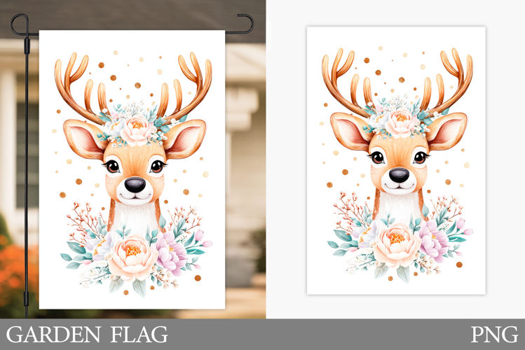 Cute Deer Garden Flag Design. Deer Flowers Garden Flag