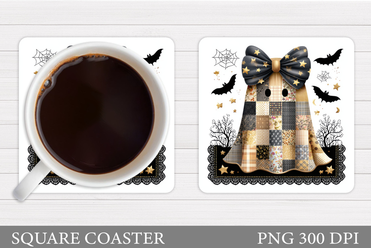 Patchwork Ghost Coaster Design. Cute Halloween Sublimation