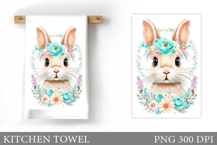 Cute Bunny Kitchen Towel. Bunny Flowers Kitchen Towel Design example image 1
