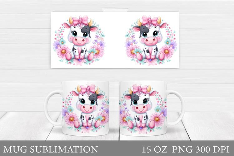 Cute Cow Mug Sublimation. Cow Flowers Mug Wrap Design