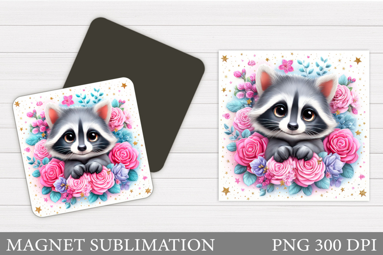 Cute Raccoon Magnet Design. Raccoon Flowers Magnet