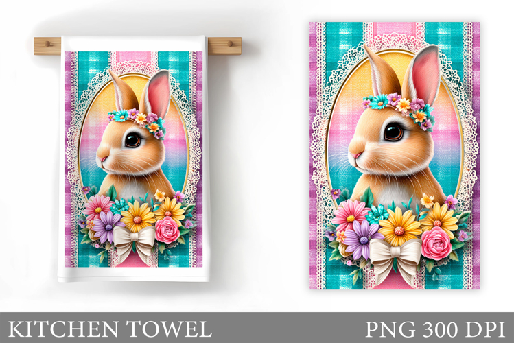 Cute Bunny Kitchen Towel. Bunny Flowers Kitchen Towel Design