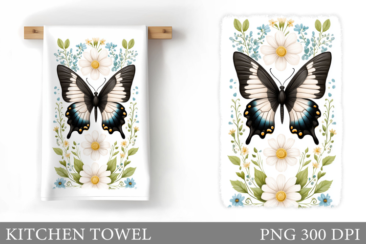 Butterfly Kitchen Towel. Flowers Kitchen Towel Sublimation example image 1