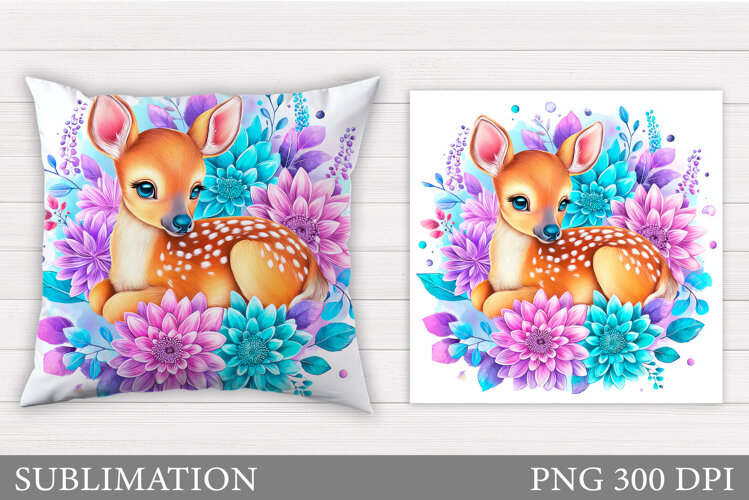 Cute Deer Pillow Sublimation. Deer Flowers Sublimation example image 1