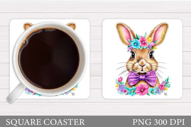 Cute Bunny Coaster Design. Bunny Flowers Coaster Sublimation example image 1