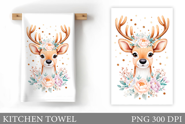 Cute Deer Kitchen Towel. Deer Flowers Kitchen Towel Design