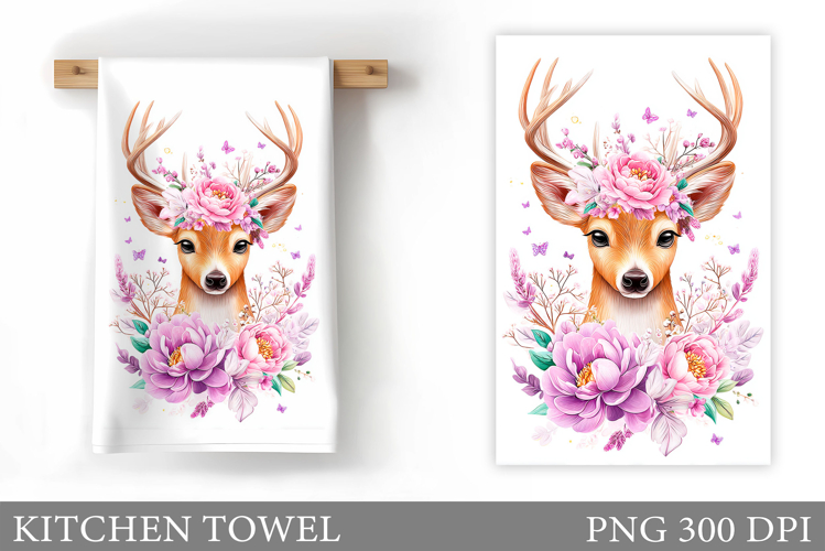 Cute Deer Kitchen Towel. Deer Flowers Kitchen Towel Design