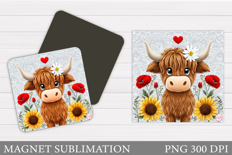 Highland Cow Magnet Design. Cow Flowers Magnet Sublimation