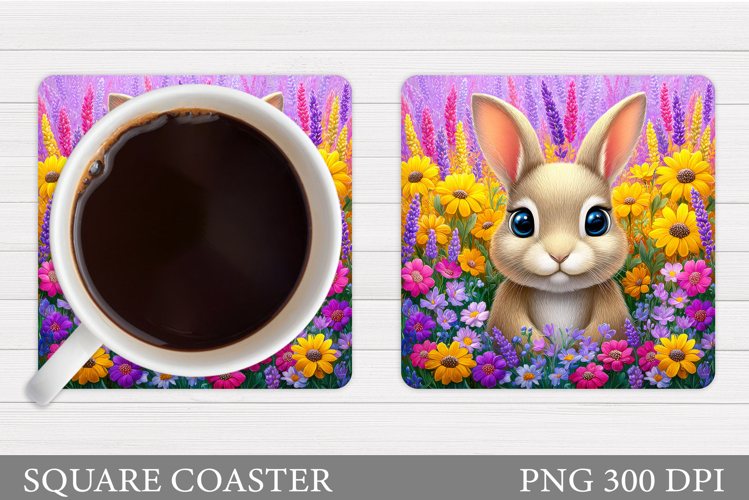 Bunny Coaster Sublimation. Bunny Flowers Coaster Design