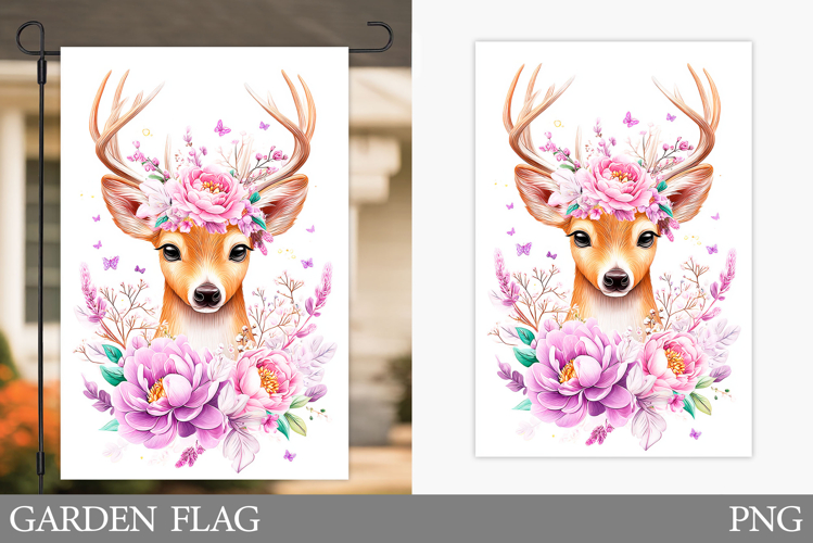 Cute Deer Garden Flag Design. Deer Flowers Garden Flag