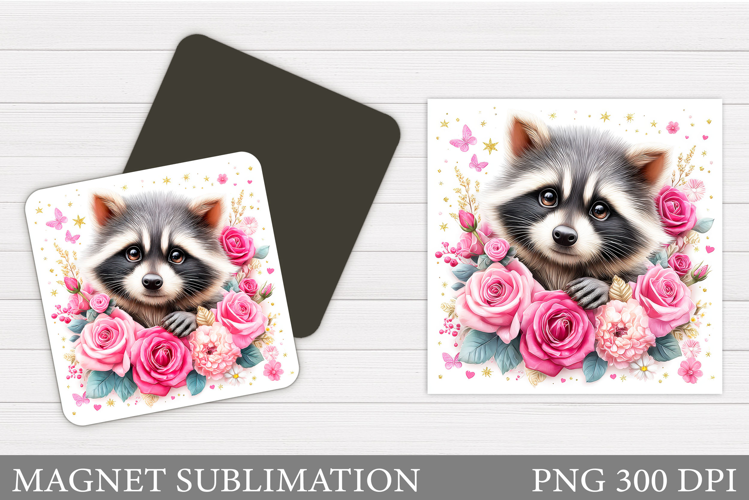 Cute Raccoon Magnet Design. Raccoon Flowers Magnet
