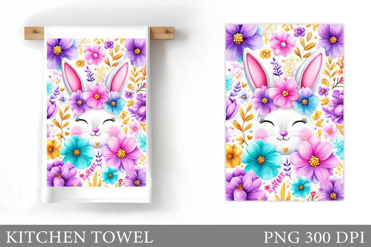 Cute Bunny Kitchen Towel. Bunny Flowers Kitchen Towel Design example image 1