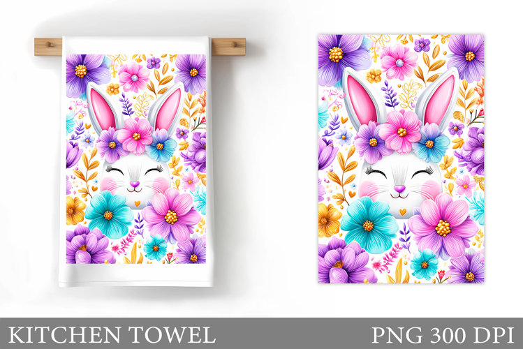 Cute Bunny Kitchen Towel. Bunny Flowers Kitchen Towel Design