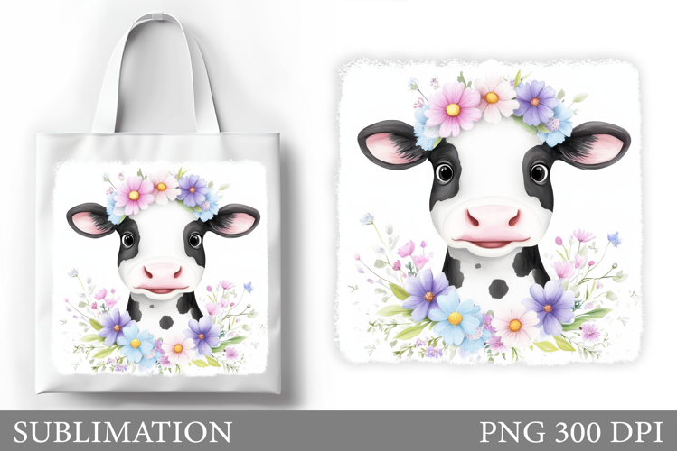 Cute Cow Tote Bag Sublimation. Cow Flowers Sublimation