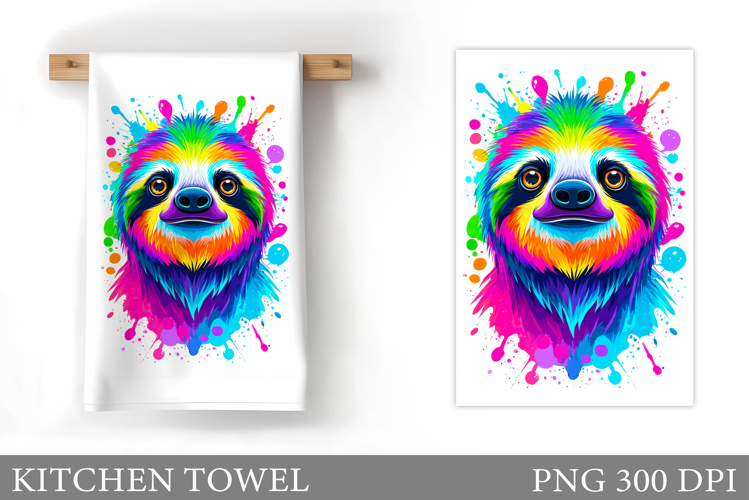 Colorful Splatte Sloth Kitchen Towel. Cute Sloth Sublimation