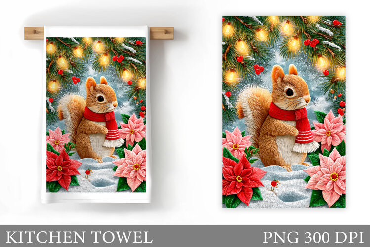Cute Squirrel Kitchen Towel. Christmas Kitchen Towel Design example image 1