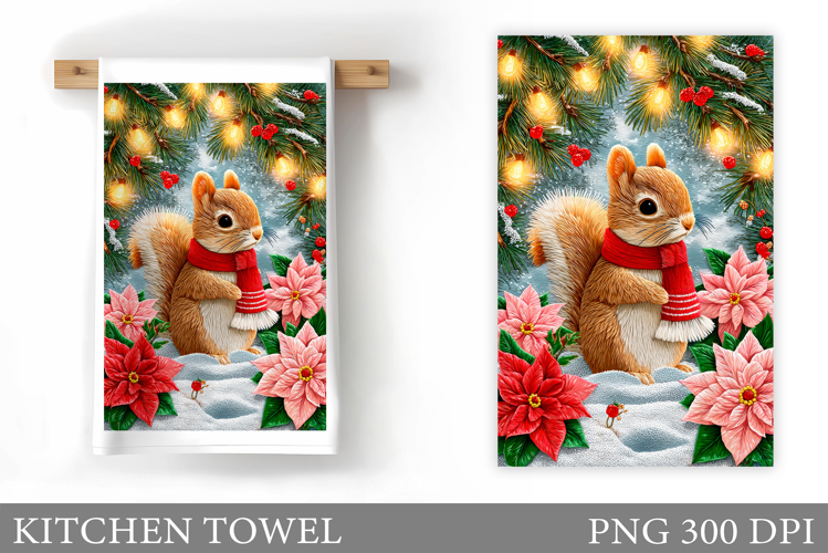 Cute Squirrel Kitchen Towel. Christmas Kitchen Towel Design